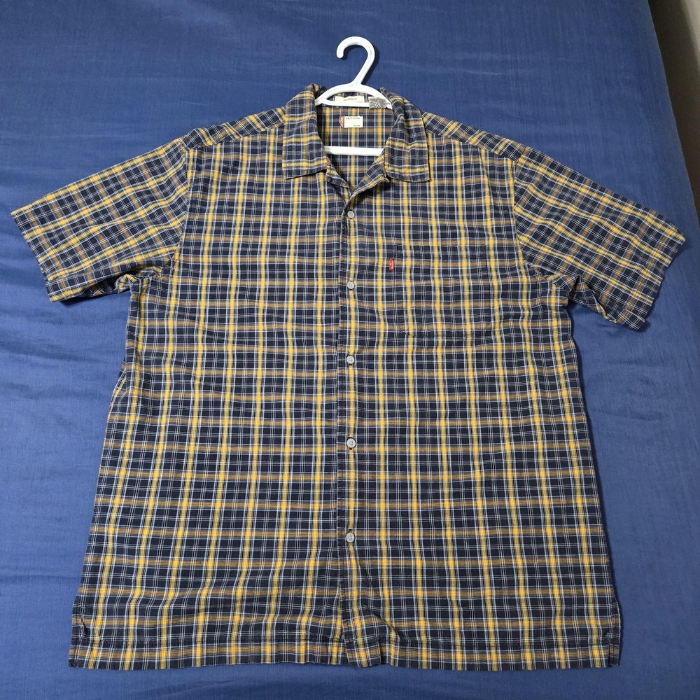 Levi's Shirt Mens Large Blue Yellow Plaid 100% Cotton Relaxed Fit Short Sleeve